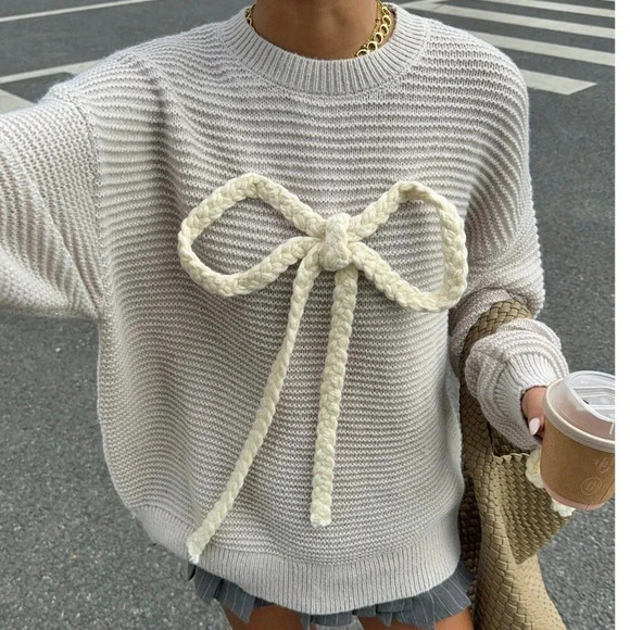 Apricot Casual Women's Oversized Bow Sweater Long Sleeve Plush Sweater - Picture 5 of 5